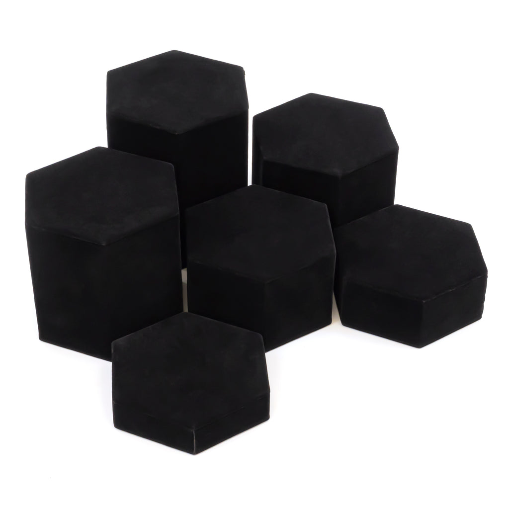Set of Six Black Velour Covered Tiered Hexagon Jewelry Display Risers - 1″, 2″, 3″, 4″, 5″ and 6″ High
