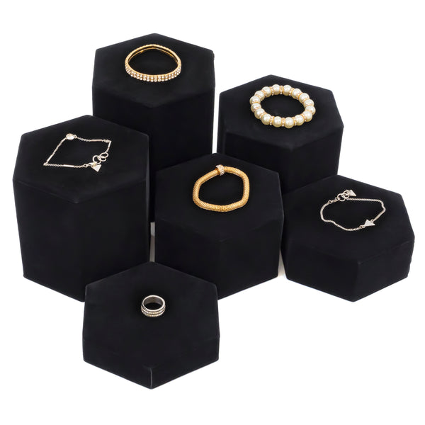Set of Six Black Velour Covered Tiered Hexagon Jewelry Display Risers - 1″, 2″, 3″, 4″, 5″ and 6″ High