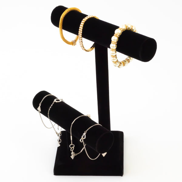 Black Velvet Double T-Bar Jewelry Display Holds Bracelets, Necklaces, Watches, Bangles, and More