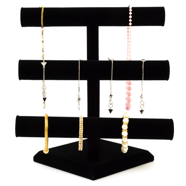 Black Velvet Triple T-Bar Jewelry Display Holds Bracelets, Necklaces, Watches, Bangles, and More