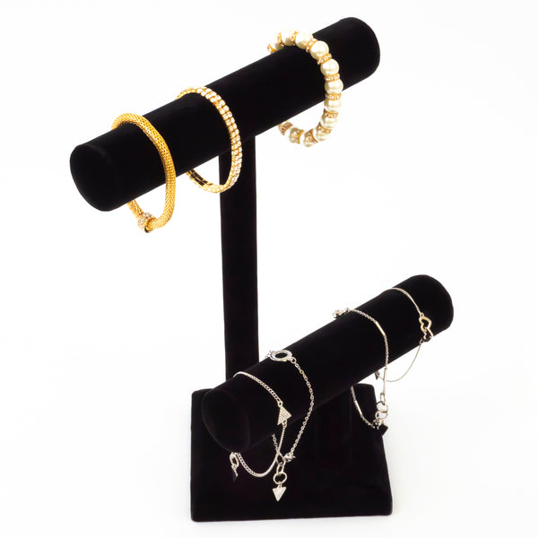 Black Velvet Double T-Bar Jewelry Display Holds Bracelets, Necklaces, Watches, Bangles, and More
