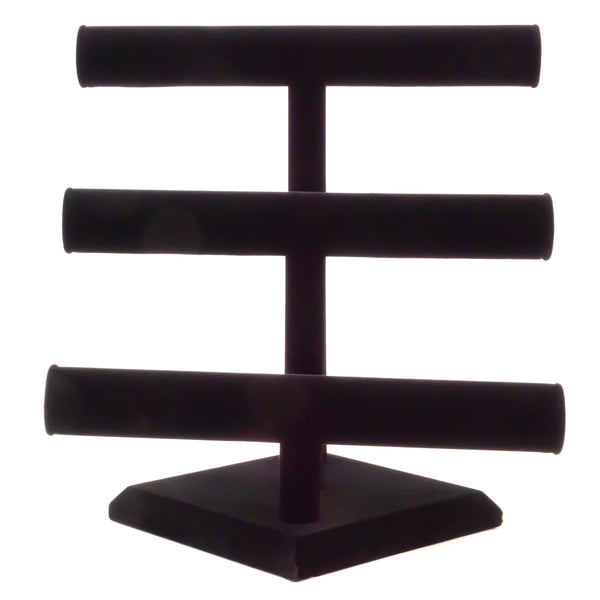 Black Velvet Triple T-Bar Jewelry Display Holds Bracelets, Necklaces, Watches, Bangles, and More